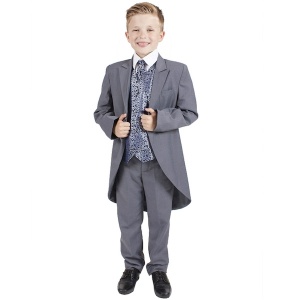 Boys Grey & Navy Swirl 6 Piece Slim Fit Tail Jacket Suit
